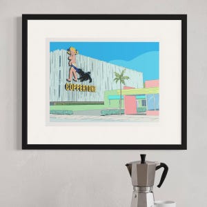 May include: Framed print of a vintage advertisement for Coppertone sunscreen. The artwork depicts a young girl and a dog in front of a building with the Coppertone logo. The background features a blue sky and palm trees.