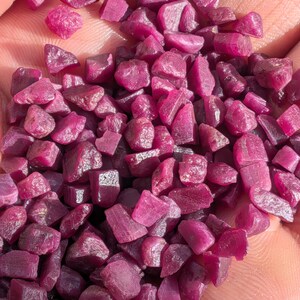 May include: A collection of small, raw, deep pinkish-red ruby gemstone fragments. These loose, unpolished stones feature irregular, angular shapes with varying facets and a translucent to opaque appearance, showcasing a vibrant, saturated color.