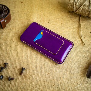 Ledertasche für Iphone 14, Lila Brieftasche, kleine Ledertasche für Telefon, Retro Handytasche, Naturledertasche