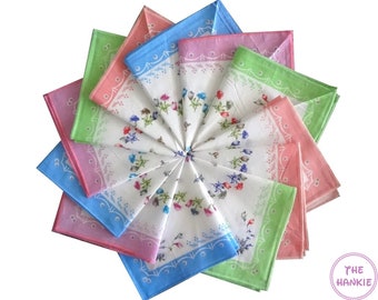 Pack Of 4 Vintage Square Floral Colorful Hankies Handkerchiefs , Ladies Handkerchief Floral Design , Hankies, Hanky, Shower Favors