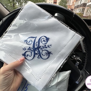 Single Letter Monogram , Personalized Custom Handkerchief, hanky,VINTAGE font Embroidered Monogrammed Handkerchief