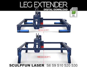 May include: A digital download STL file for a laser cutter leg extender. The extender is designed to add height to the legs of a Sculpfun laser cutter. The image shows two views of the extender, with measurements of 60 mm (2.36 inches) and 140 mm (5.51 inches).