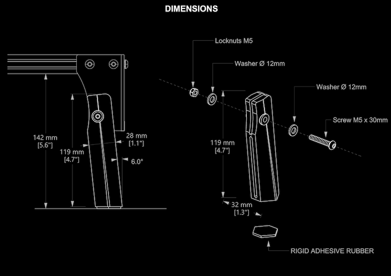 May include: A black and white line drawing of a metal bracket with dimensions labeled in inches and millimeters. The bracket is designed to be attached to a wall or other surface. The drawing also shows the hardware needed to install the bracket, including screws, washers, and locknuts.