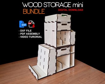 May include: A wooden storage unit with multiple compartments and shelves. The unit is made of light wood and has a natural finish. The unit is assembled in a tower configuration with a base, a middle section, and a top section. The unit is designed for storing small items, such as craft supplies, office supplies, or other small items. The image includes the text "WOOD STORAGE mini BUNDLE DIGITAL DOWNLOAD".
