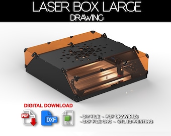 May include: Digital download of PDF and DXF files for a laser box design. The box is black with orange acrylic panels and a laser cutter inside. The design is for DIY projects, CNC cutting, and 3D printing.
