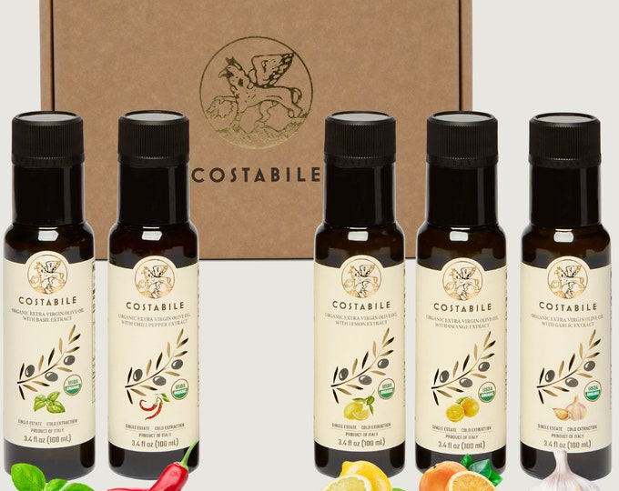 Infused Olive Oil Gift Sets - Organic Puglia Olive Oil Sampler Gift Set. Ideal for Italian Gifts and Edible Gift Baskets. 5 x 3.45 Fl.Oz.