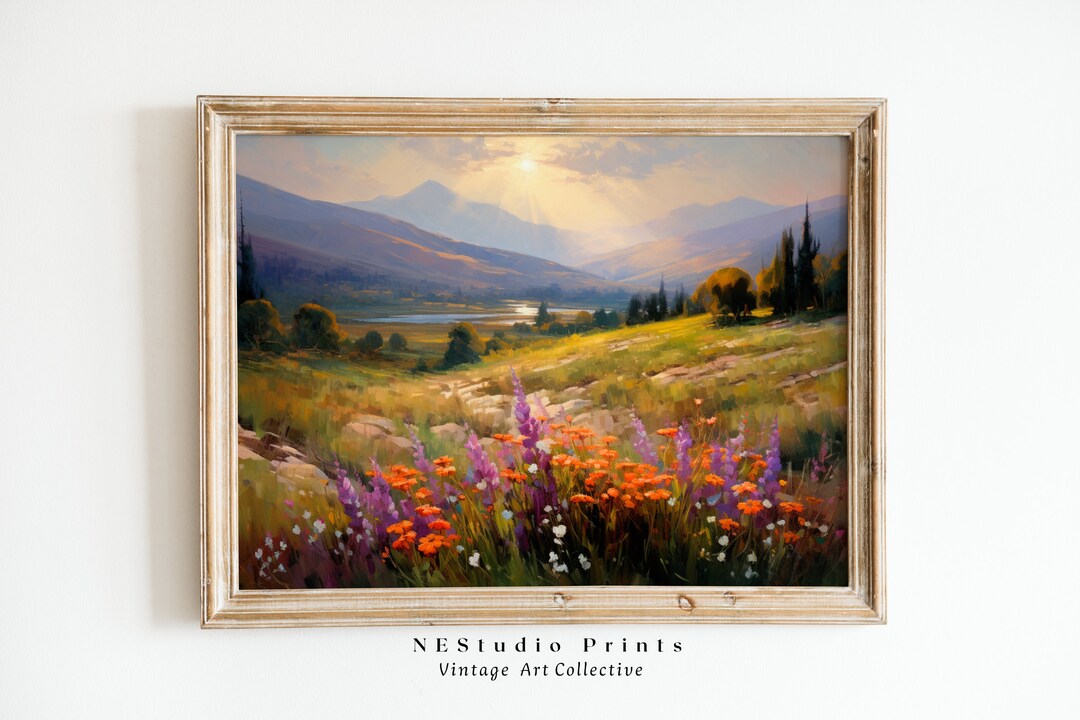 Printable Wildflower Field Landscape Oil Painting, Vintage Landscape ...