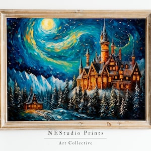 Arte inspirado en la magia, escuela de magos vintage, grabados de Potter, mundo de magos, pintura de Van Gogh, castillo vintage, arte de pared, decoración imprimible