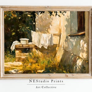 Countryside Laundry Day Digital Print | Oil Painting Style Wall Art of Outdoor Clothesline Scene | Cottage home decor | OD001
