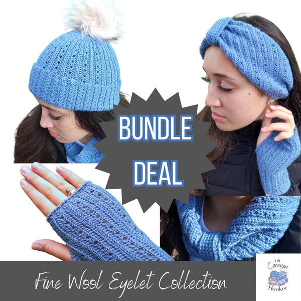 3 for 2 bundle, C2C Crochet Cowl, Scarf, Crochet hat, fingerless gloves, crochet pattern bundle, crochet infinity scarf, crochet headband,