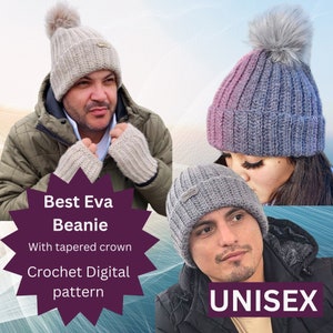 May include: A crochet beanie pattern with a tapered crown. The pattern is available as a digital download. The image shows three different color variations of the beanie: beige, gray, and purple. The text "Best Eva Beanie" and "Unisex" is visible in the image.