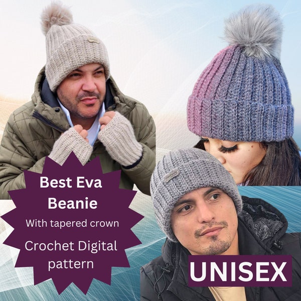 Crochet Best Eva Beanie 12ply with Pompom Custom Beanie hat men's beanie pattern Women's beanie Winter Gift Easy Beanie crochet pdf pattern