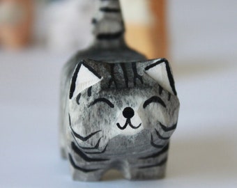 Handmade Carved Basswood Cat Figurine, Unique Desk Decor