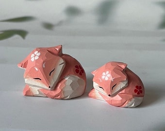 Handmade Fox Wooden Pink Handcraft Animal Art Carving Birthday Gift Unique Desk Decor Pair  Housewarming Garden Fox Mascot Christmas Present