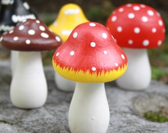 Hand-Painted Basswood Mushroom Sculpture Set: Woodland Nursery Decor