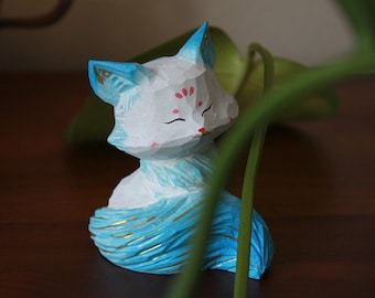 Cute Fox Wooden Figurine, Hand Carved Celestial Kitsune Statue, Cute Desk Decor Gift