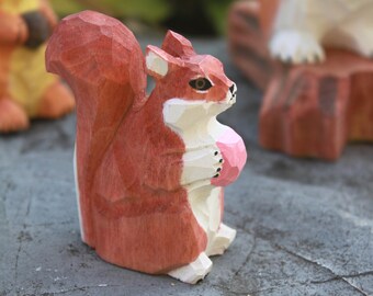 Hand Carved Wooden Squirrel Set Ornament: Collectible Art, Unique Desk Decor