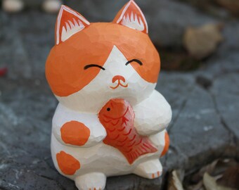 Handmade Wooden Fish Cat Figurine: Unique Desk Decor, Cat Lover Gift, Healing Pussy Sculpture