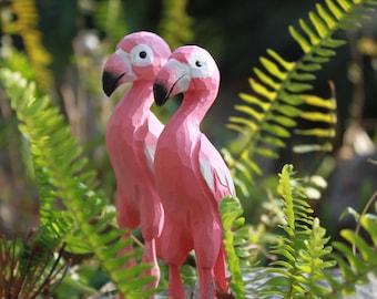 Handmade Pink Flamingo Basswood Carving, Wooden Bird Figurine, Unique Home Decor (16cm)