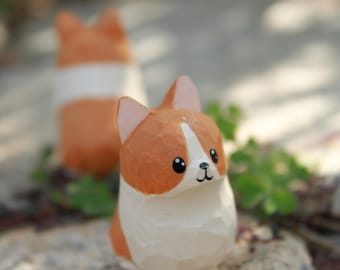 Handmade Basswood Corgi Dog Carving Figurine: Unique Desk Decor, Healing Garden Mascot