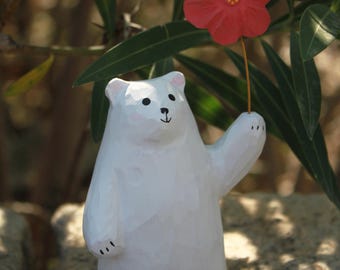 Handmade Basswood Bear Figurine, Wood Carving Sculpture, Home Office Desk Decor