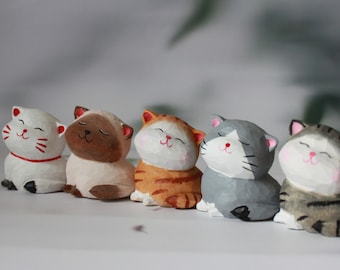 Handmade Basswood Cat Figurine: Unique Desk Decor, Healing Animal Art Carving