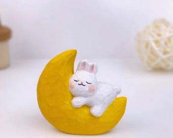 Handmade Wooden Rabbit Figurine Cute Bunny Carving Desk Shelf Decor