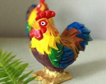 Hand Carved Wooden Rooster Figurine: Rustic Desk Decor, Farmhouse Mascot, Animal Chanticleer Art Carving