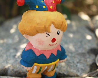 Handmade Basswood Clown Wooden Carving, Garden Decor, Joker Doll Sculpture Figurine