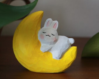Hand Carved Basswood Sleeping Bunny on Moon, Cute Wood Rabbit Figurine, Cozy Desk Nursery Decor