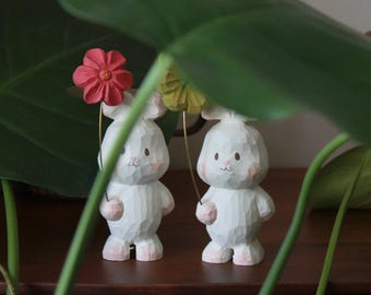 Hand Carved Wooden Bunny Holding Flower Figurine, Cute Painted Rabbit Statue, Sweet Desk Decor Gift