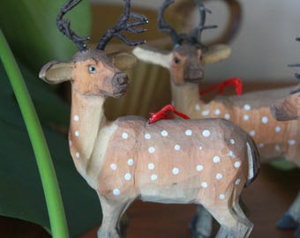 Set of 4 Hand Carved Basswood Deer Figurines, Rustic Woodland Reindeer Statue, Christmas Gift