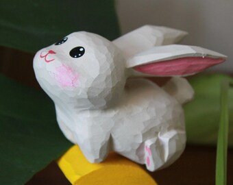 Hand Carved Basswood Bunny on Moon Figurine, Cute Painted Rabbit Statue, Celestial Desk Decor Gift