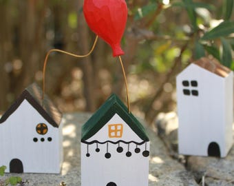 Handcraft Wooden House Cabin Sculpture, Holiday Ornament Home Decor, Wooden Hut