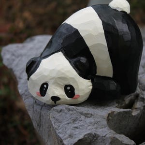 Hand-Carved Wooden Lazy Panda Cute Panda Sculpture Figurine Artisan Wood Panda Statue Whimsical Desk Decor Eco-Friendly Panda Memorial Gift