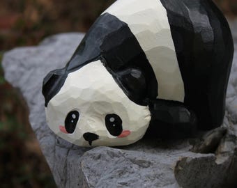 Hand-Carved Wooden Panda Figurine: Whimsical Desk Decor, Eco-Friendly Panda Sculpture