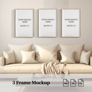 3 Frame Mockup | Interior Mockup | Wooden Frame Mockup | Black Frame Mockup | White Frame Mockup | PSD Smart Object Mockup | Beige Interior