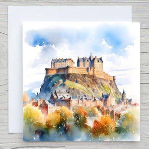 Carte de voeux aquarelle château d'Édimbourg, cartes aquarelle ville d'Écosse pour anniversaire, voyage, merci