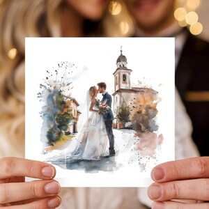 Gefeliciteerd met je trouwdag Kaart, aquarel trouwkaarten, pasgetrouwden, bruid en bruidegom, verlovingscadeau, man en vrouw.