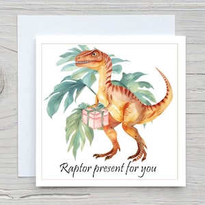 Cartão com tema de dinossauro, cartões de aniversário com presente de Raptor, cartão de aniversário infantil para meninos. Humor e Engraçado
