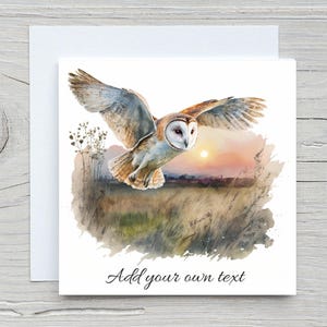 Ajoutez votre propre carte texte, cartes exotiques d'amant de hibou, célébration, sympathie, félicitations, carte d'anniversaire. Cadeaux nature chouette effraie des clochers
