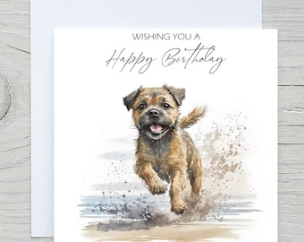 Dog Lover Happy Birthday Card - Border Terrier Dog Lover, Owner, Customisable watercolour blank inside card