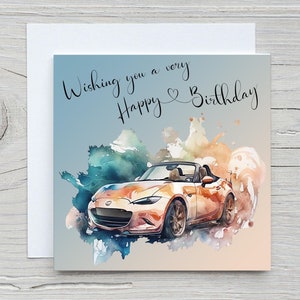 Tarjeta de feliz cumpleaños para los amantes de los coches. Tarjetas para entusiastas de los coches Mazda MX5.