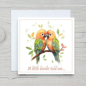 Un pajarito me dijo Tarjeta, Cumpleaños, gracias, tarjetas de hitos. Loro, lindo, regalos de acuarela, humor, dulce pareja, boda, matrimonio