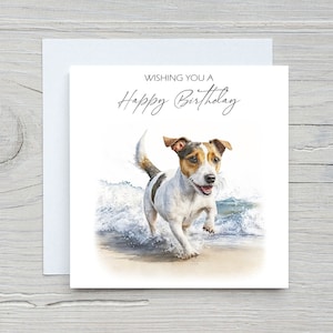 Biglietto di auguri di buon compleanno per amanti e proprietari di Jack Russell. Biglietti per/dal cane. Regali ad acquerello.