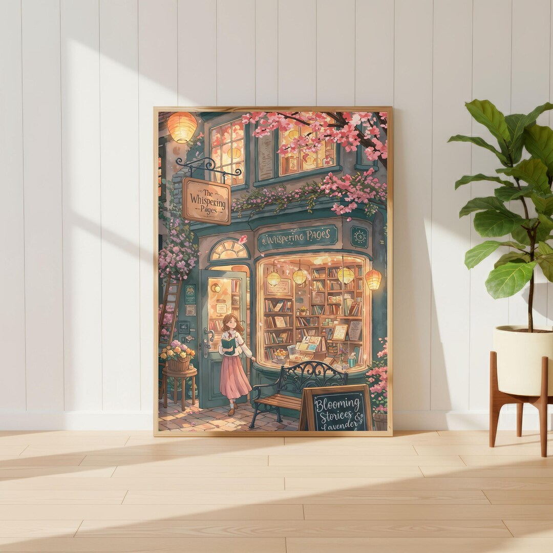 Cozy Bookshop Print: Spring Blossoms, Literary Cafe (digital Download ...