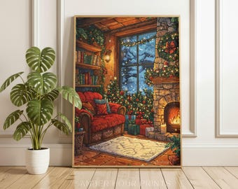 Impression d'art aquarelle Noël coin lecture | Chalet d'hiver confortable (téléchargement numérique)