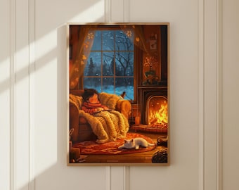 Impression d'art chat de cheminée confortable : coin lecture hivernal Hygge (téléchargement numérique) | cadeau pour les amoureux des livres