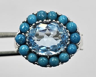 Ring topaas en turkoois, 925 sterlingzilver, meerstenen bruids- en geboortesteenring