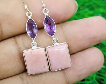 925 Sterling Silver Earring, Pink Opal and Amethyst Earring, Gemstone Earring, Dangle Drop Earring, Women Earring For Gift, Gift For Her